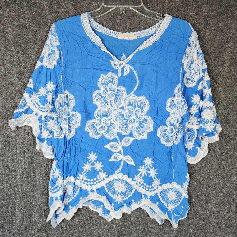 Solitaire Blouse Womens Medium 18-676 Blue Floral Embroidery Lace Crochet EUC